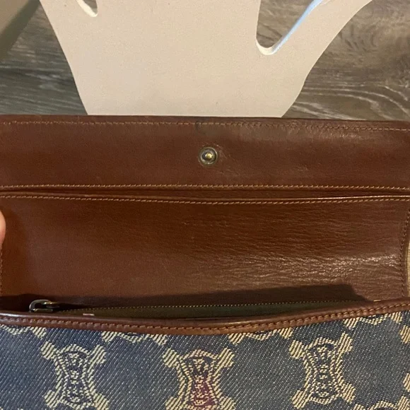 Celine Vintage Macadam Blue Denim Brown Leather Trim Wallet 7.25x4 EUC - Picture 9 of 15